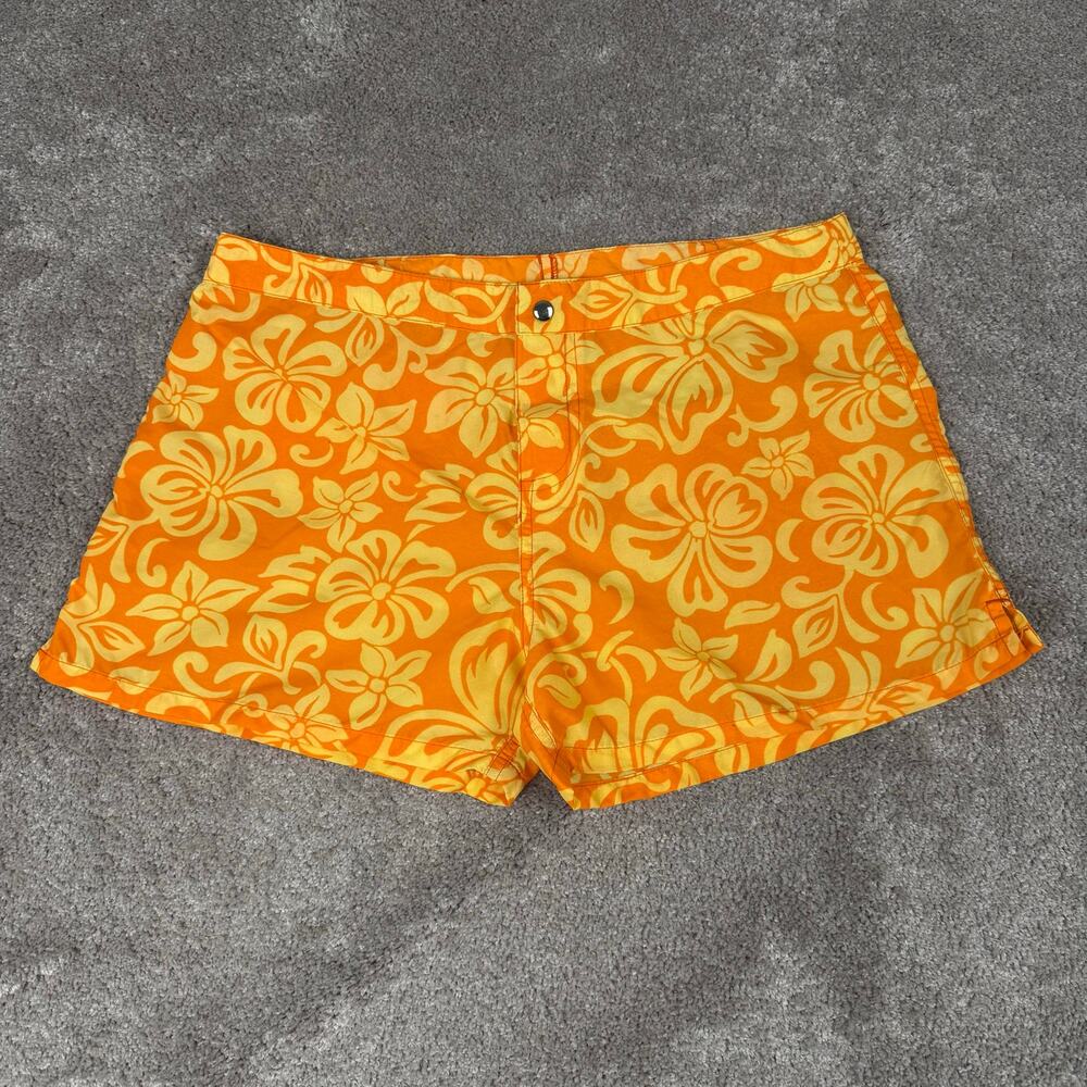 Steve & Barry's Orange Yellow Hibiscus Swim Shorts Womens Size L Y2K Coconut